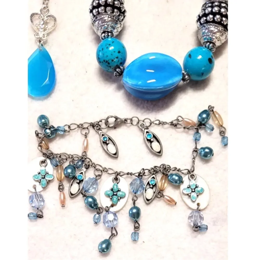 Vtg Turquoise Blue Jewelry Lot 2 Necklaces 1 Bracelet Ceramic Glass Moonstone